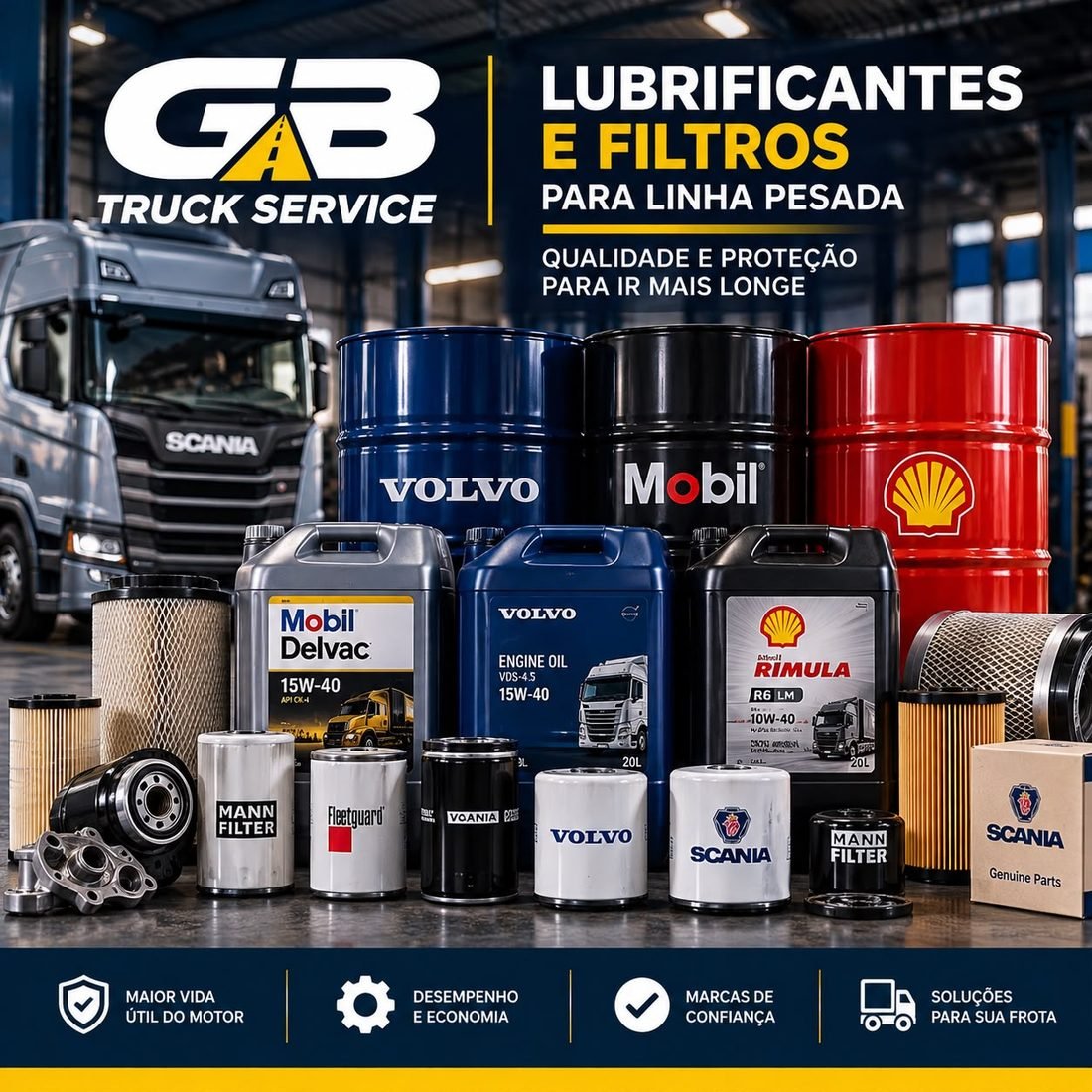 Óleos lubrificantes e filtros para linha pesada na GB Truck Service